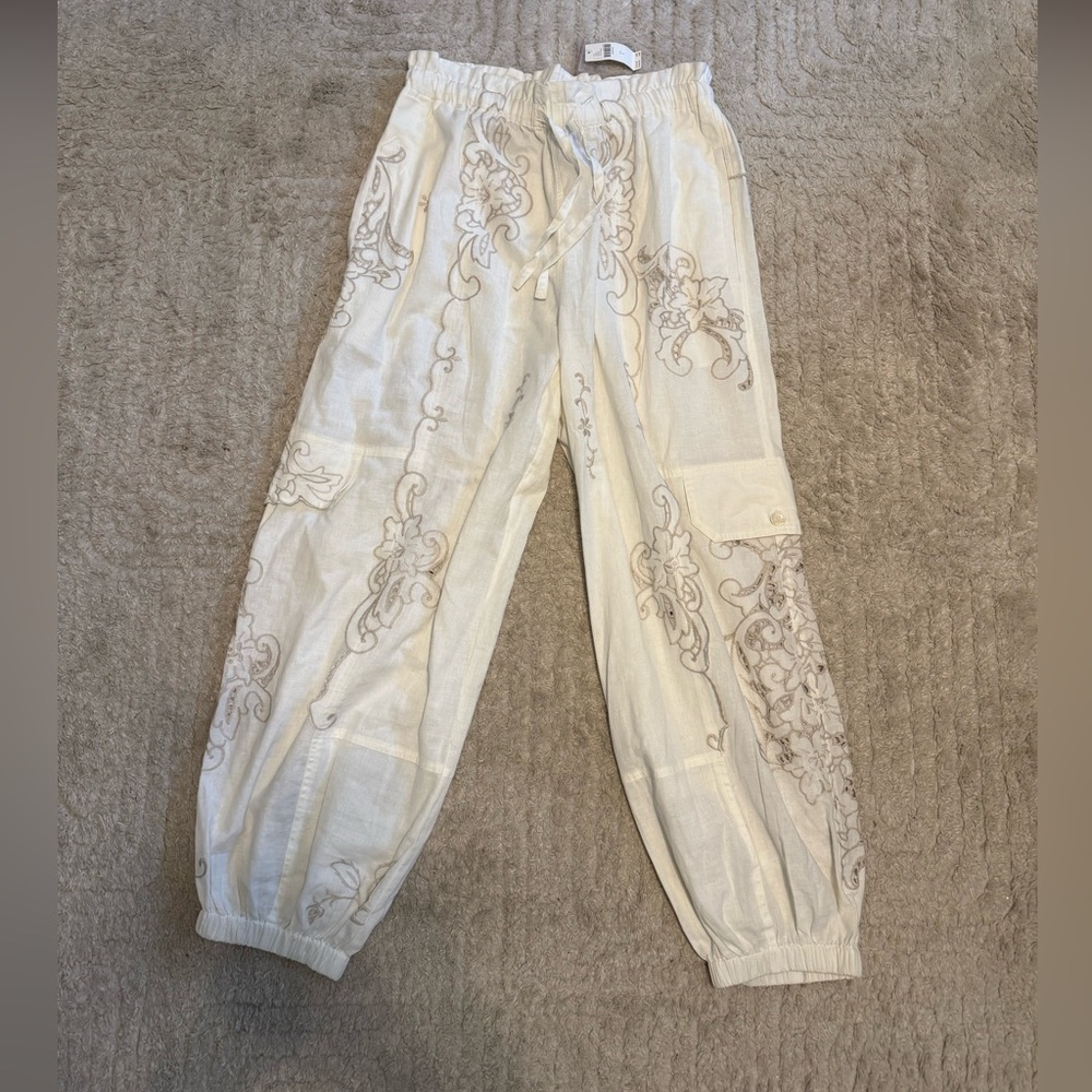NWT By Anthropologie Embroidered Linen Pull On Joggers